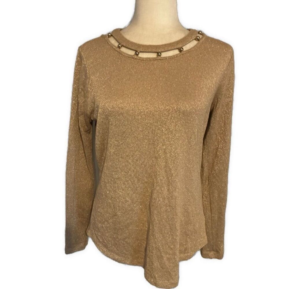 michael kors metallic gold Tan Beige long sleeve knit sweater beaded Large